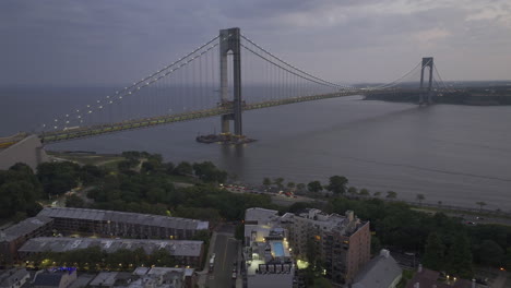 aerial view of the verrazzano-narrows bridge at night. shot in brooklyn looking towards staten island