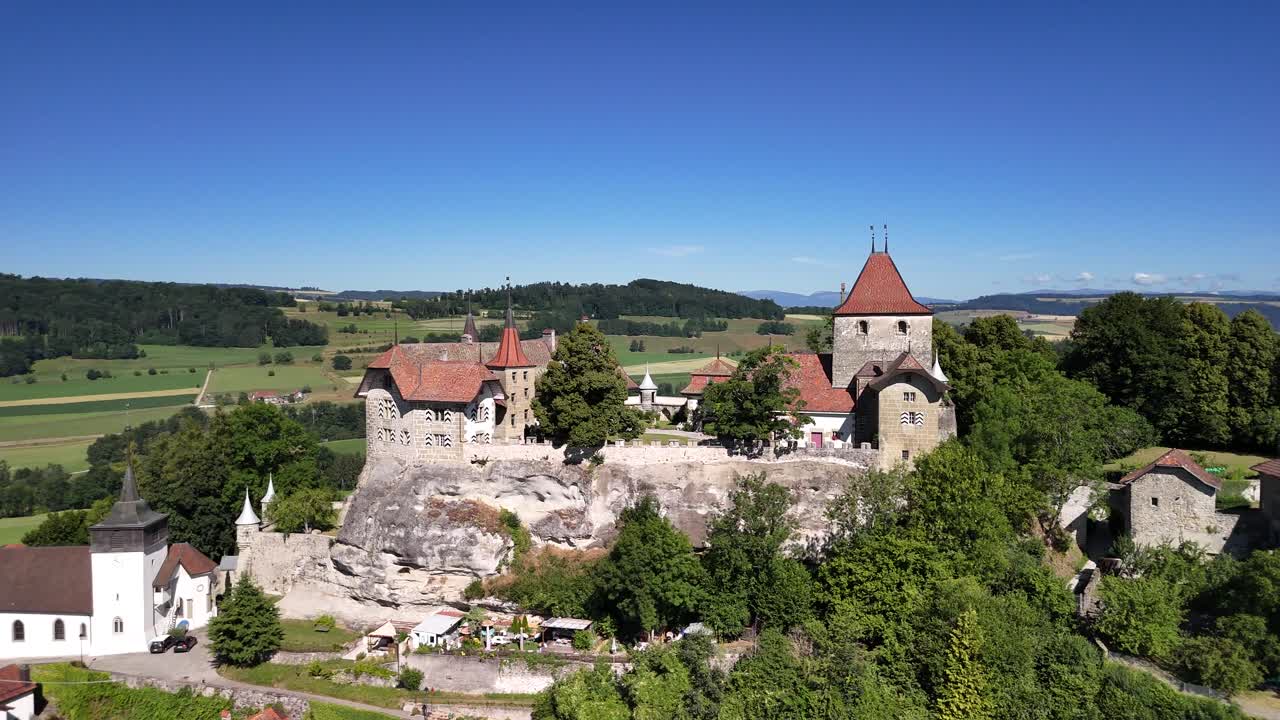 Château de Rue medieval castle Switzerland landmark Swiss architecture, aerial drone