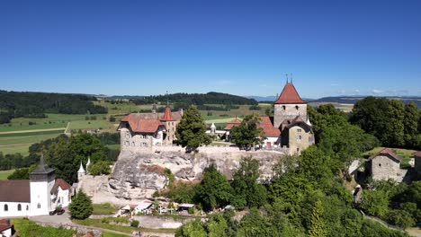 château de rue medieval castle switzerland landmark swiss architecture, aerial drone