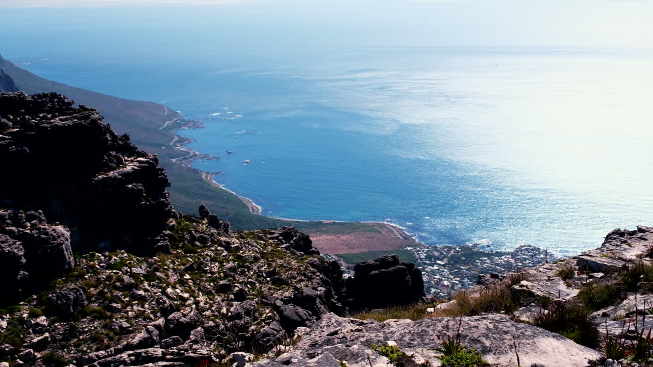 Scenic views from Table Mountain along Atlantic seaboard coastline, telephoto