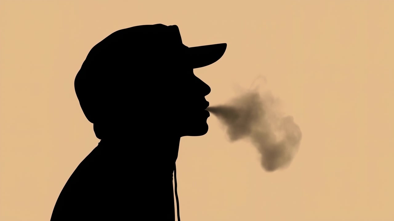 Silhouette nera di una persona che indossa un berretto e una felpa con cappuccio, mostrata di profilo, che porta la mano alla bocca con una sigaretta accesa, poi espira una visibile colonna di fumo; il bagliore arancione della brace aggiunge un morbido contrasto atmosferico
