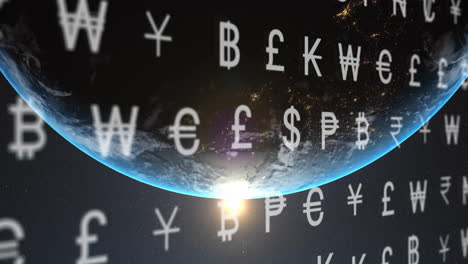 Animation-of-currency-symbols-and-digital-data-processing-over-globe-on-dark-background