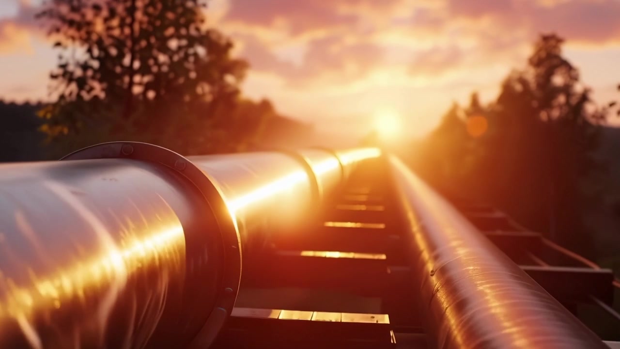 Una impresionante vista del atardecer mostrando las tuberías metálicas reflectantes que se extienden hacia el horizonte, rodeadas de exuberante naturaleza, creando un sereno paisaje industrial