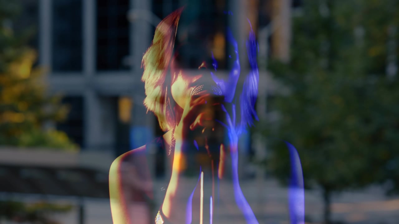 Animation of blurred road traffic over caucasian female singer