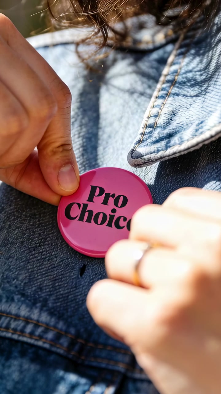 Grasping pink Pro Choice button, woman aligning pin and pinning to sunlit denim jacket, smoothing