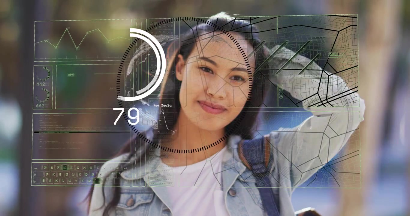 Young Woman Walking Outdoors with Augmented Reality Data Overlay
