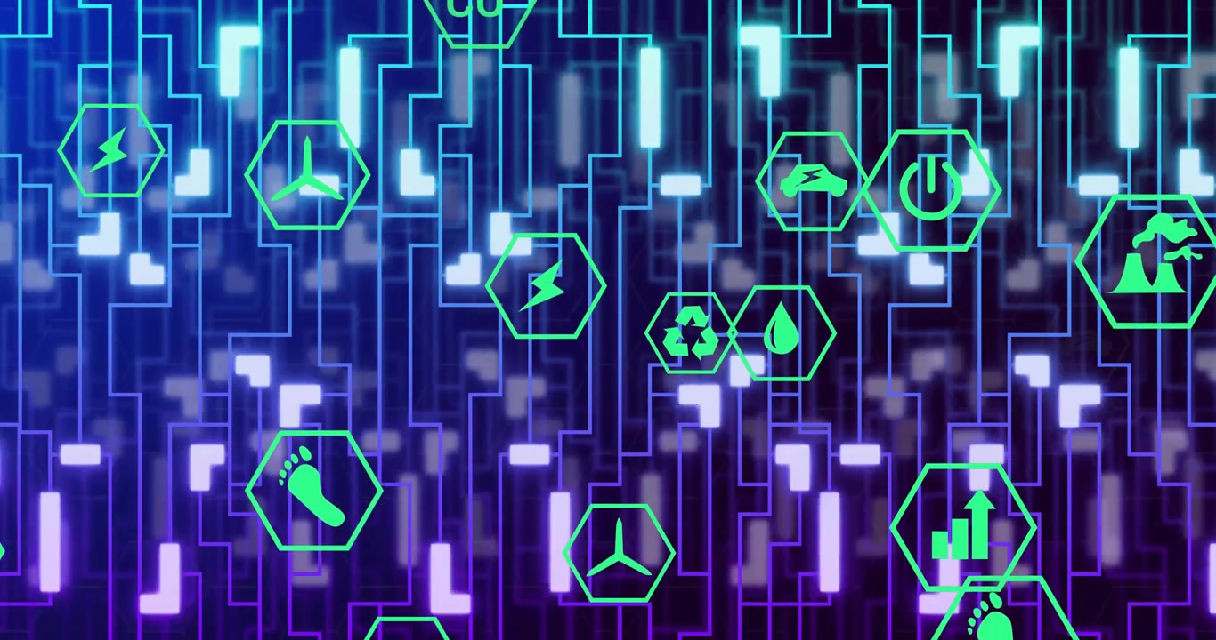 Teal-violet grid bars pulsing starting icons floating clustering dispersing visualizing green data