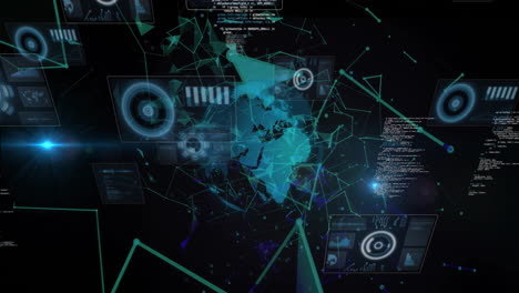 animation of globe and digital data processing over black background