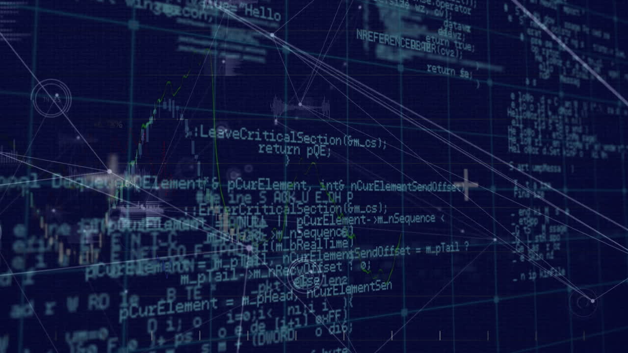 Animation of data processing and network of connections on black background