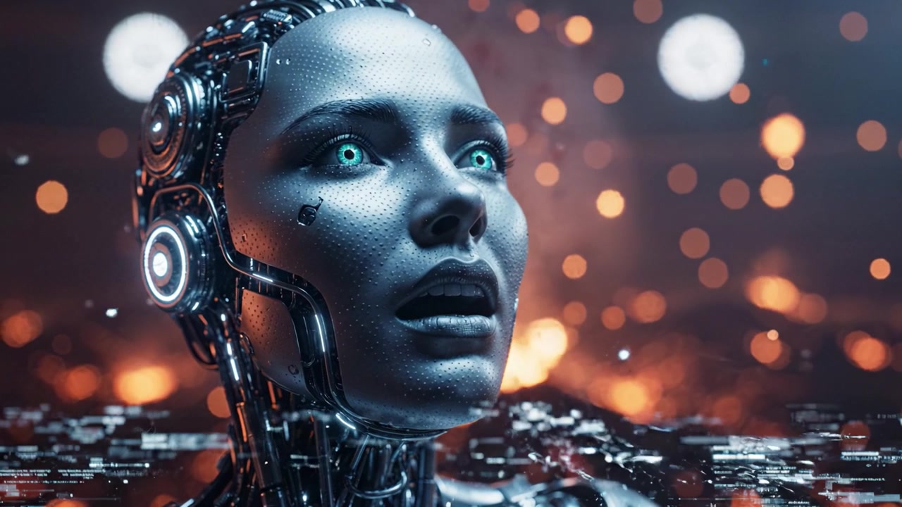 Un Robot Futuristico si Erge in Meraviglia, con Occhi Luminosi in Mezzo a uno Sfondo Infuocato, Mostrando Tecnologia Avanzata ed Emozioni in una Scena Digitale Mozzafiato