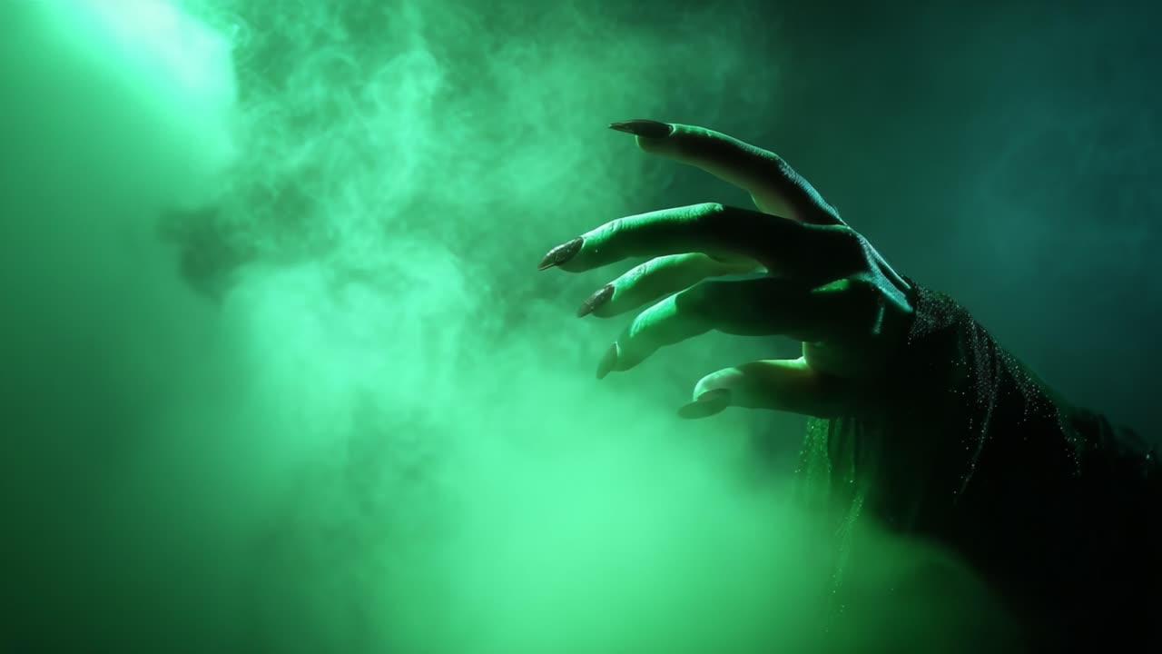 An Enigmatic Hand Emerges from the Shadows, Surrounded by an Ethereal Green Fog, Capturing a Mysterious and Captivating Moment in an Otherworldly Setting