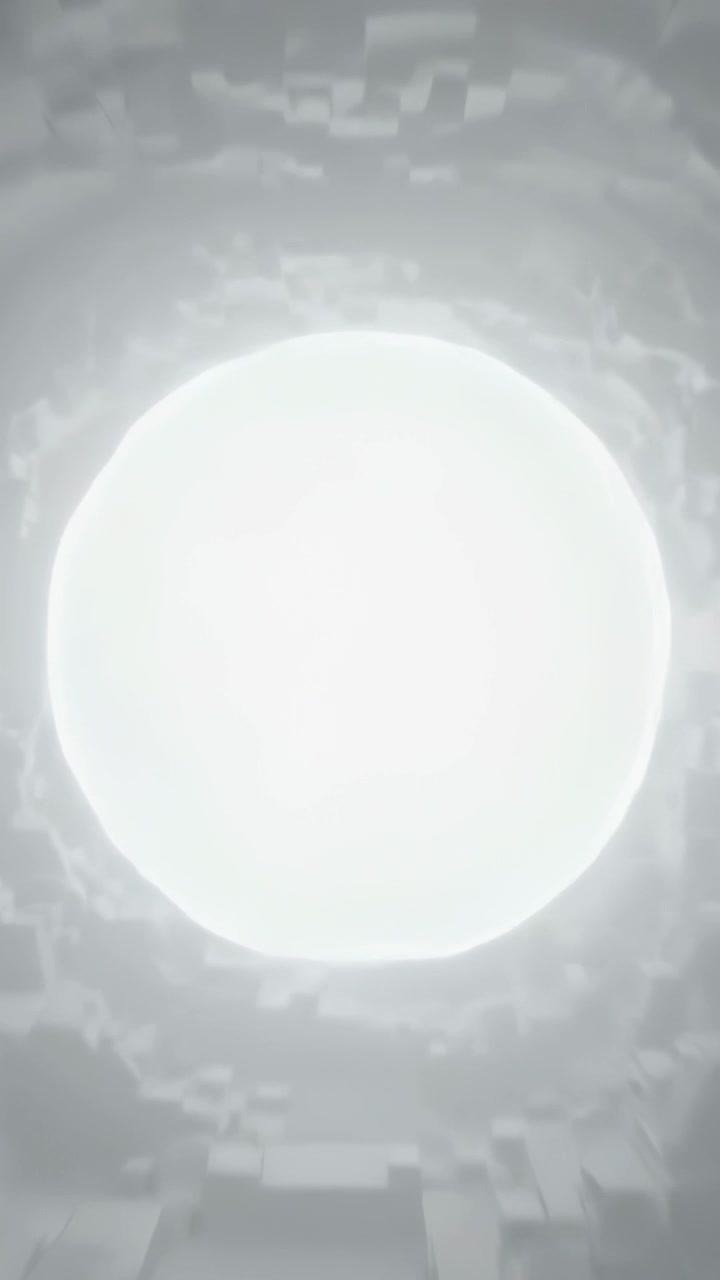 Video verticale: Zoom della telecamera che rivela un disco bianco all'interno di un condotto, illuminando pareti pixelate con un bagliore.