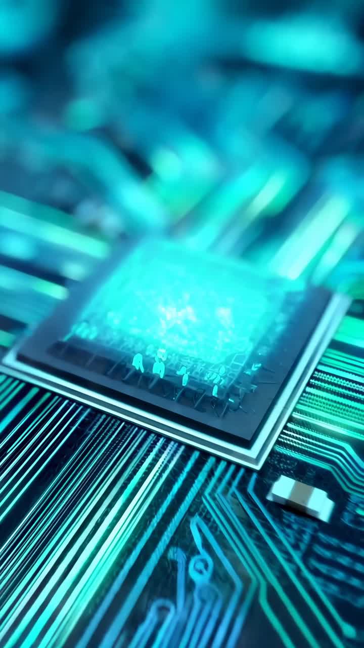 Primo piano di una scheda di circuito futuristica, vista angolata, linee blu luminose