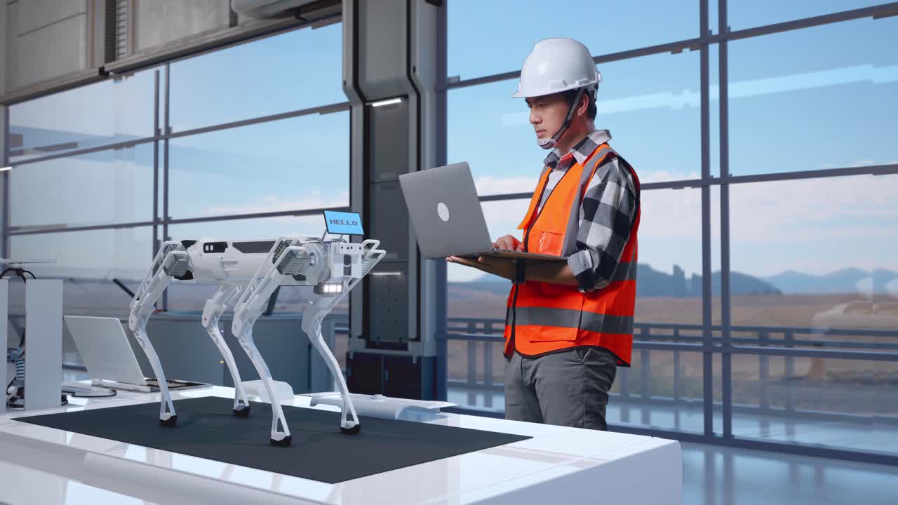 полный вид тела азиатского инженера-мужчины с защитным шлемом, работающего на ноутбуке, стоя на высокотехнологичном заводе, анализируя концепцию робототехники