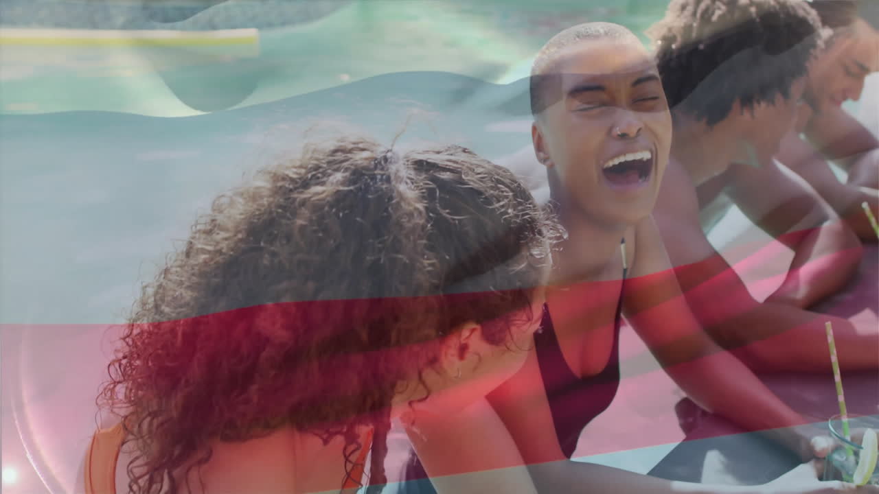 Laughing and relaxing by pool, people enjoying animation with colorful overlay