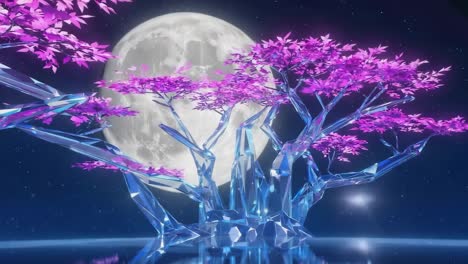 crystal tree with purple leaves under the moon