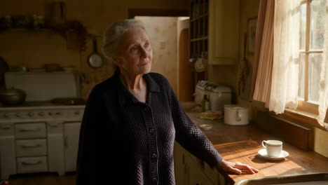 elderly woman gazing thoughtfully in a sunlit kitchen
