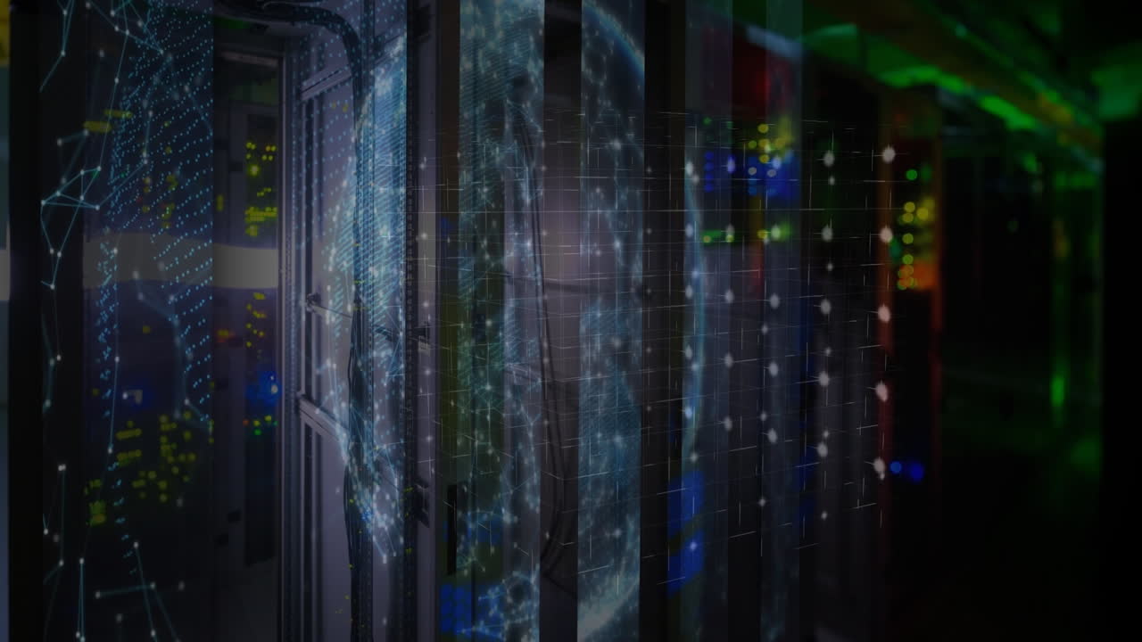 Animation of shapes moving and globe over server room