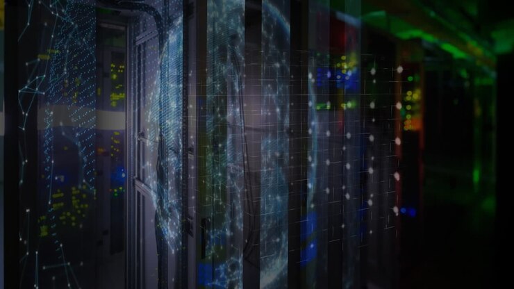 Animazione di forme in movimento e globo su sala server