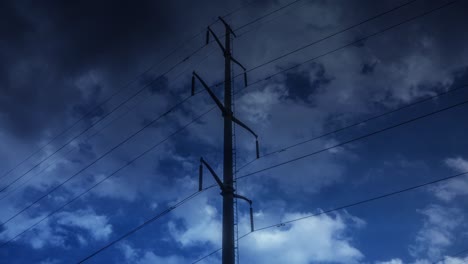 time lapse of electric high voltage electricity tower and lightning strikes on night dark sky in summer. beautiful thunderstorm rolling cloudscape, tornado, supercell bad, danger time. 4k loop