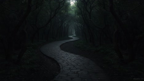 a mysterious winding path through a shadowy forest, enveloped in fog and dim light, leading into the depths of nature's enigmatic embrace
