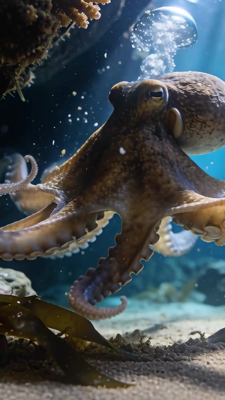 Video verticale: Polpo con bolle che sale, reagisce, ruota e sonda la sabbia sulla barriera corallina con alghe marine.