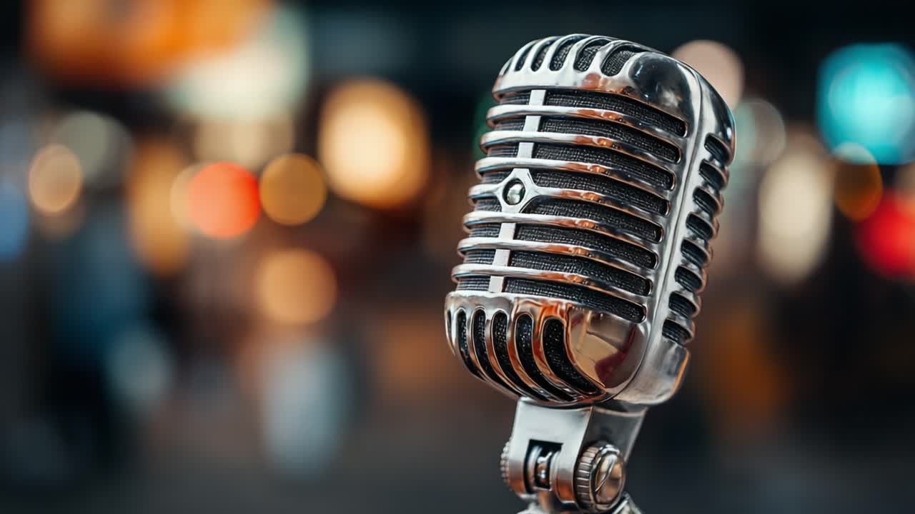 Close-up of a Vintage Microphone, Highlighting Its Classic Design and Textured Surface, Against a Captivating Bokeh Background for a Rich Audio Experience