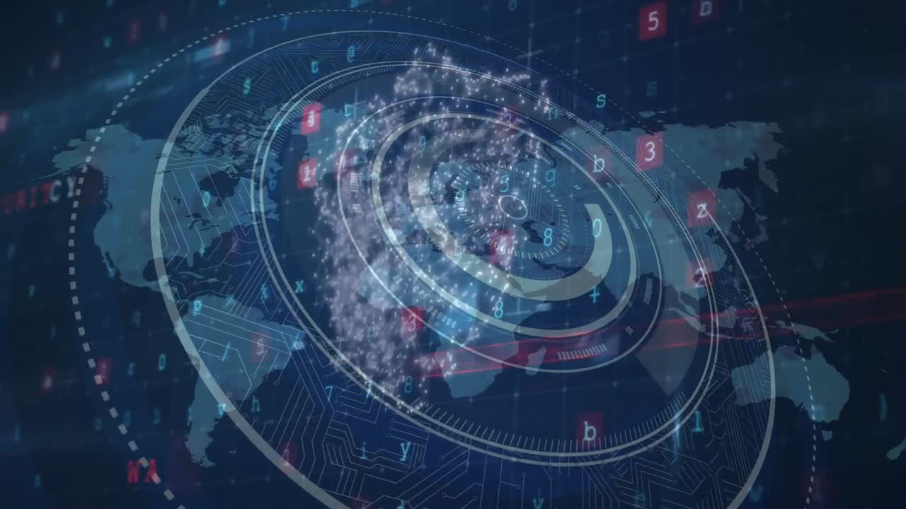Animation of digital shield over blue background with rotating circles, numbers and world map