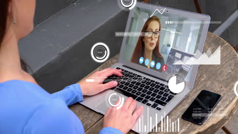 Animation-of-data-processing-over-caucasian-businesswomen-having-video-call