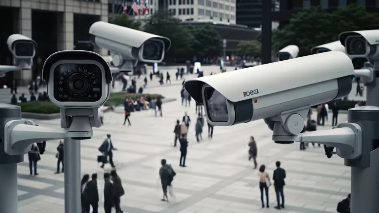 A High-Tech Surveillance Scene: Exploring the Intricacies of Modern Security Systems Captured Through Surveillance Cameras in a Bustling Urban Environment