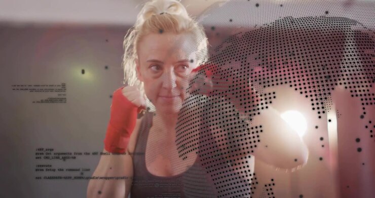 Pugile che inizia la guardia, sferra jab, incroci e cambia angolazione, accumulando potenza in palestra, con tracciamento e sovrapposizione di un globo.