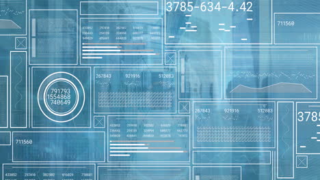 animation of digital data processing and digital interface and grid over blue background