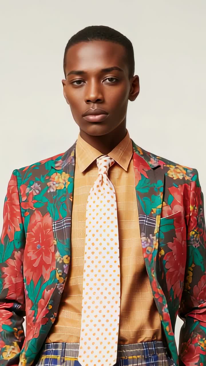 Vertical video: Opening eyes model holding pose facing camera in studio showcasing floral blazer