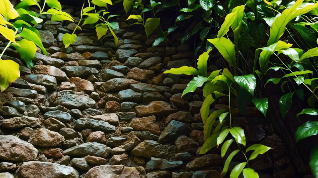Fogliame verde lussureggiante su un muro di pietra