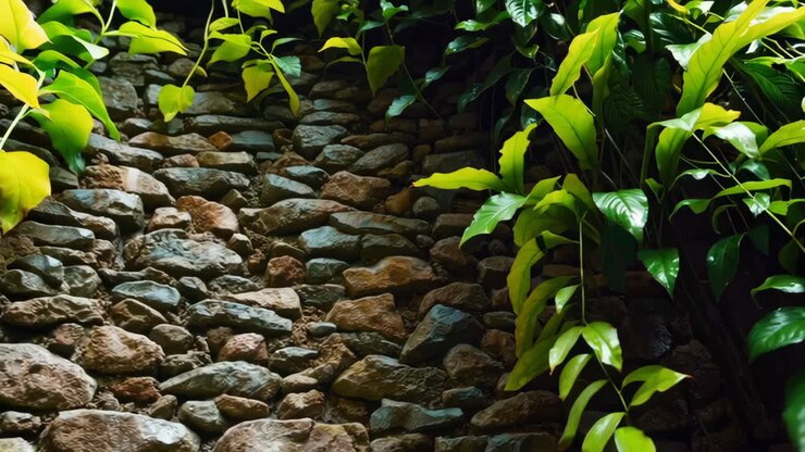 Fogliame verde lussureggiante su un muro di pietra