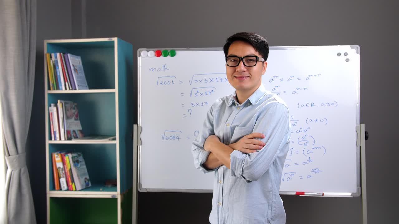 Male Asian Teacher Pose, Whiteboard At Background