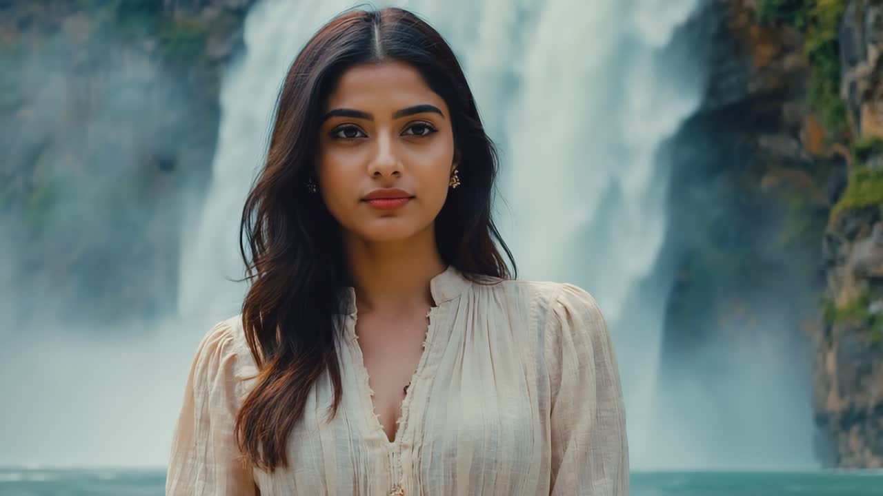 Portrait of a beautiful woman in front of a waterfall