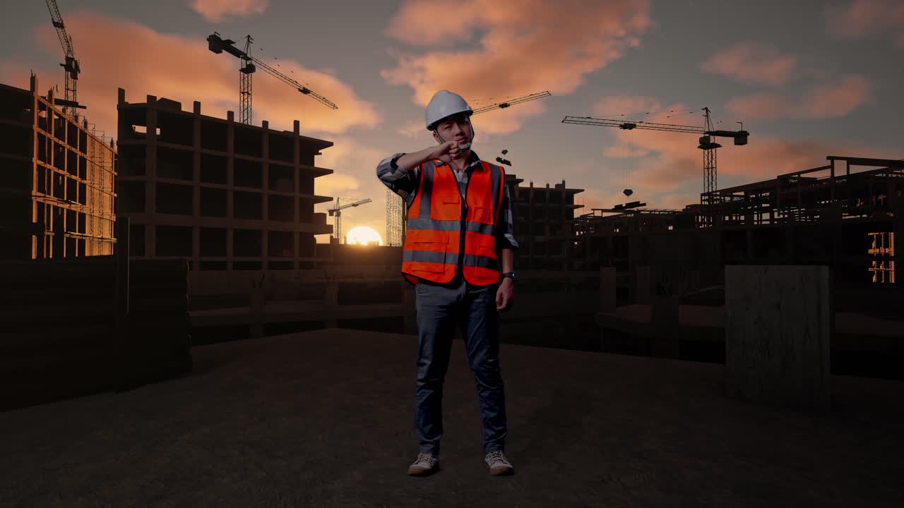 Full Body Of Asian Male Engineer With Safety Helmet Showing Thumbs Down Gesture And Shaking His Head While Standing At Building & Construction Site in Progress to New House