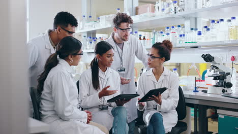 people, scientist and tablet in meeting