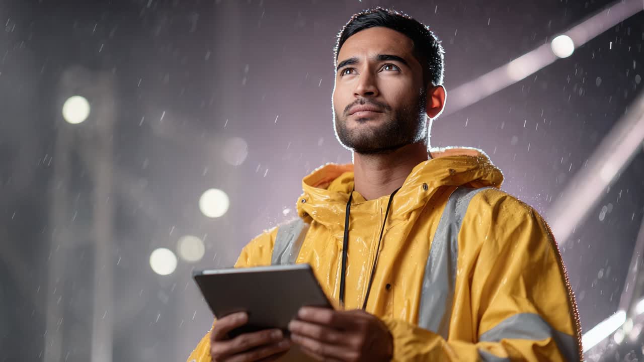 A focused individual in a yellow rain jacket holds a tablet, gazing upwards amid rain and soft lighting, embodying determination and resilience in challenging environments
