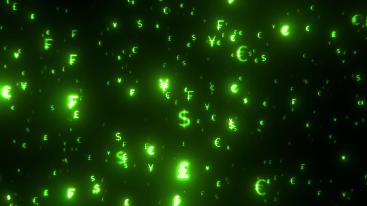Money dollar, euro, franc, yen fly towards camera and glow on black background