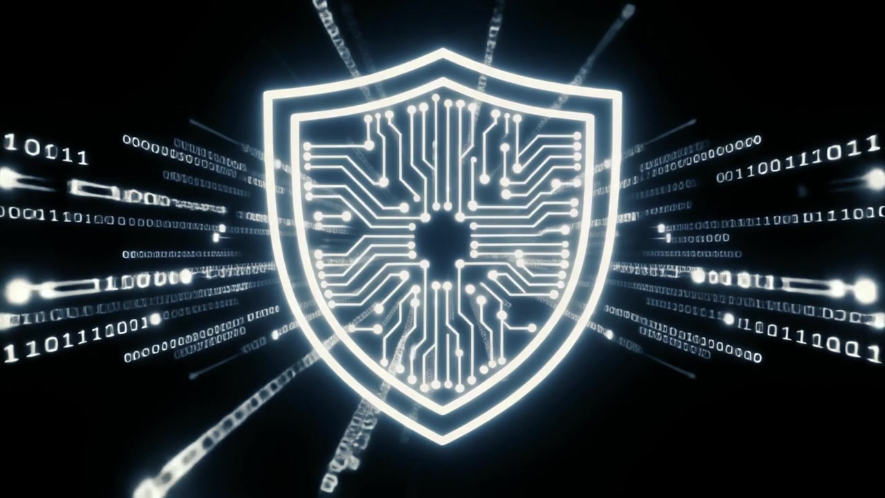 Glowing Digital Shield with Circuit Board and Binary Code Stream