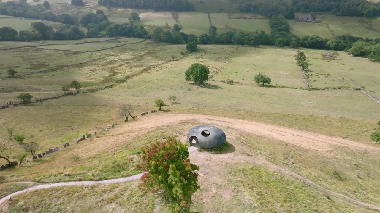 The Atom Panopticon, Wycoller, Pendle, Lancashire, UK. View From Above With Slow Orbit As Cloud Shadows Move Across Valley.