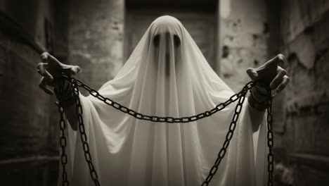 a haunting presence emerges from darkness, draped in ethereal fabrics and bound by chains, evoking a sense of mystery and fear in an abandoned environment
