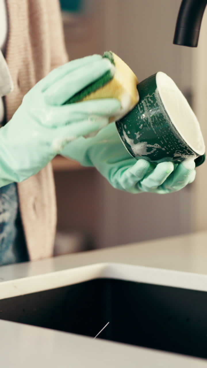 Washing a Mug with Gloves and a Sponge