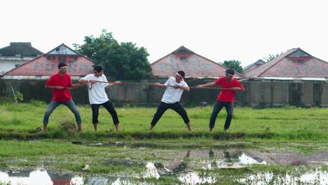young indonesian men fiercely compete in tug of war match during independence day celebrations in rural field
