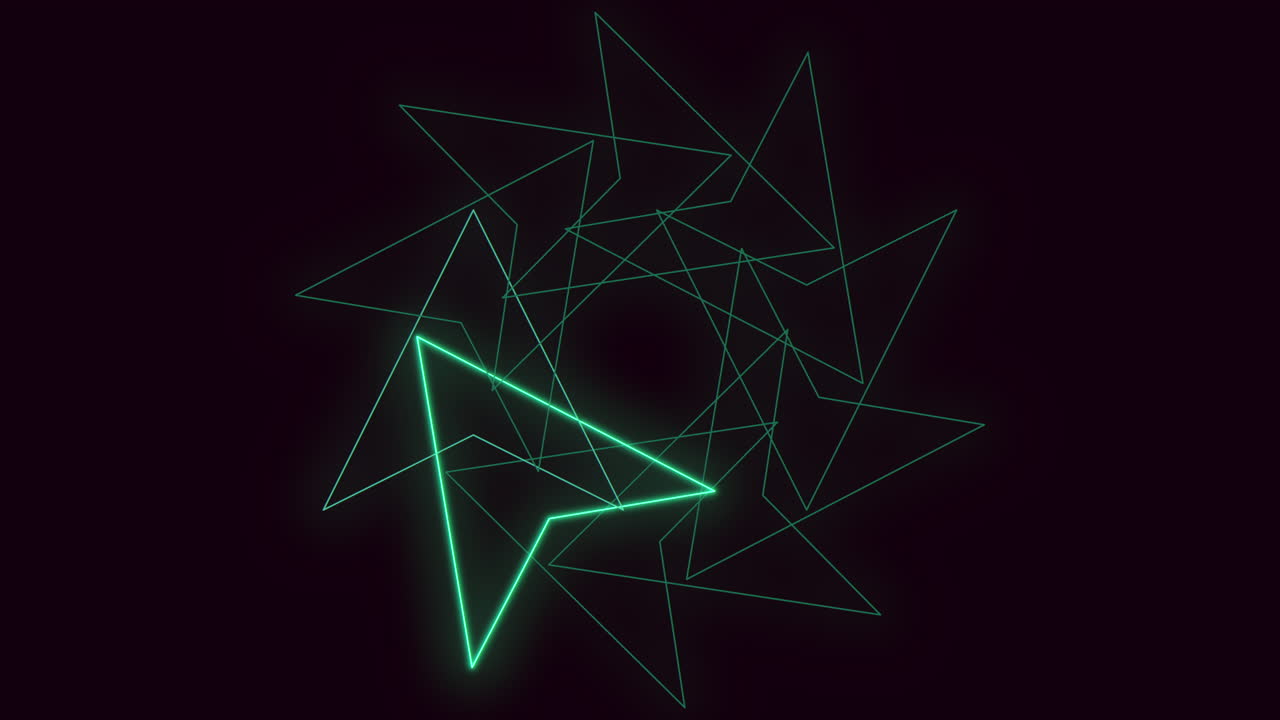 Abstract futuristic of rotating neon triangle outlines forming a polygon tunnel on dark background, ideal for technology intros, music visuals, motion backgrounds and modern digital design projects