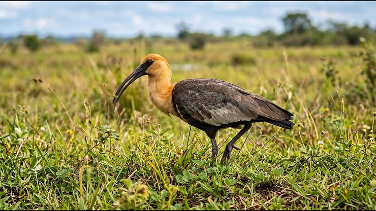 Uccello ibis selvatico che cerca cibo in una prateria aperta, filmato di fauna selvatica generato da AI