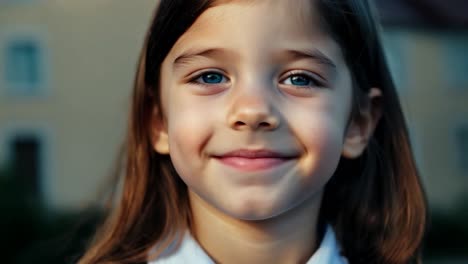 a young girl with blue eyes smiles at the camera.