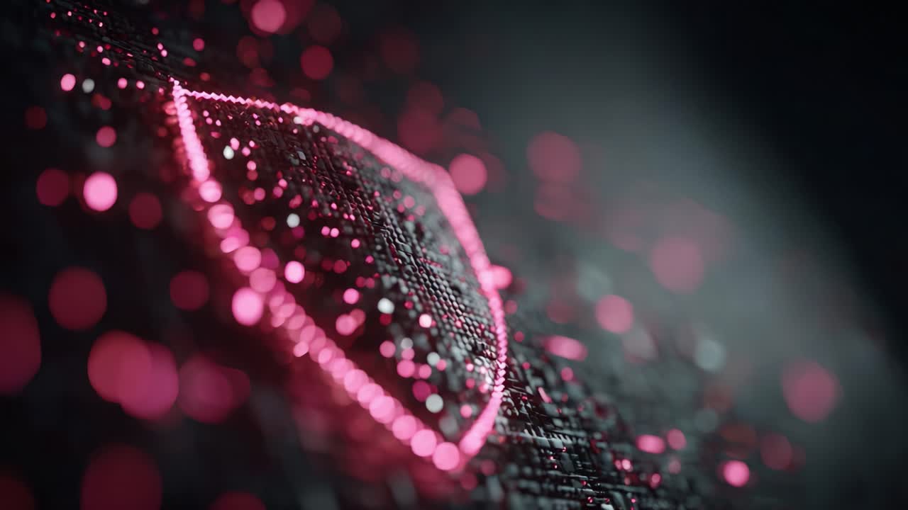 A futuristic representation of a digital shield symbol, composed of glowing particles and intricate patterns, evoking themes of protection and cybersecurity in a vibrant pink color scheme